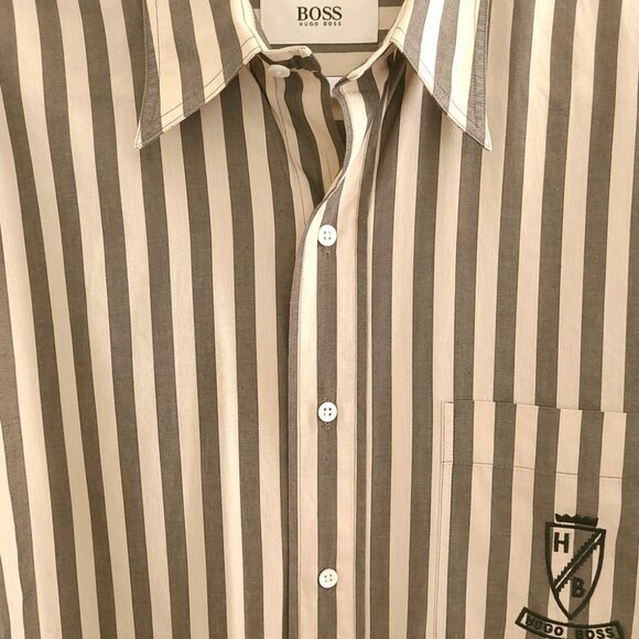 BOSS Large Gray Beige Striped Shirt - Picture 2 of 6